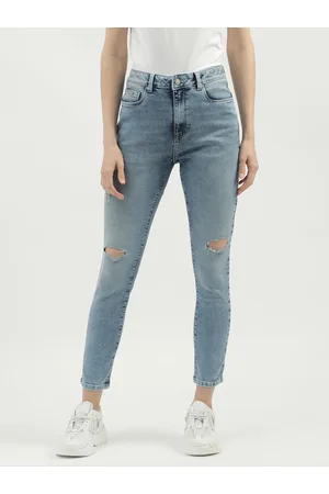 Benetton Women Skinny Fit High-Rise Mildly Distressed Light Fade Jeans