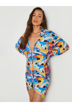 Boohoo Printed Plisse Shirt Mini Dress