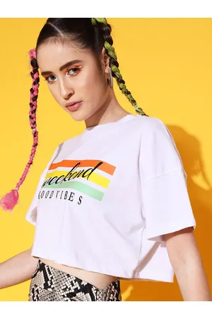 STREET 9 Women White Printed Cotton Drop-Shoulder Sleeves Bio Finish Oversized T-shirt