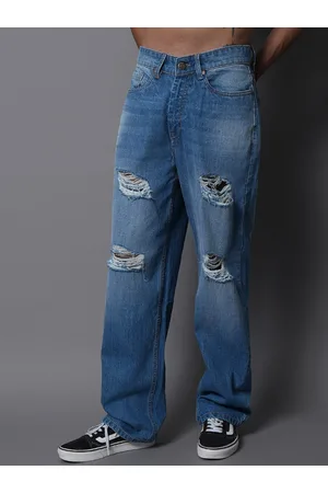 High Star Men Wide Leg Mid-Rise Highly Distressed Light Fade Cotton Jeans