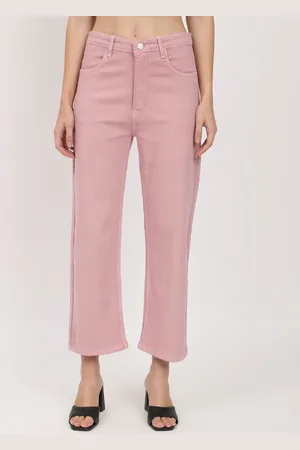 AngelFab Women Pink Jean Straight Fit High-Rise Stretchable Cotton Jeans