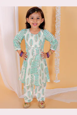 The Mom Store Girls Floral Printed Pure Cotton Anarkali Kurta with Trousers