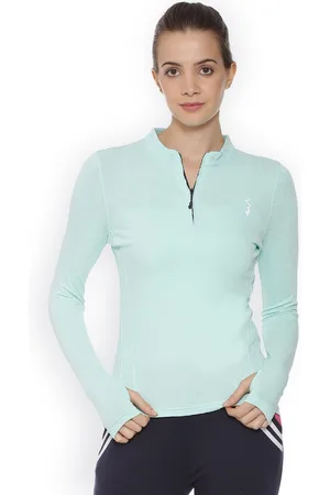 Campus Women Turquoise Blue Solid Mandarin Collar T-shirt