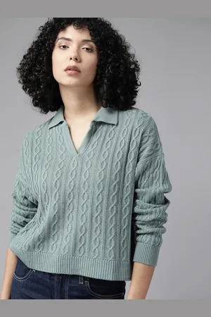 Roadster The Lifestyle Co. Cable Knit Shirt Collar Crop Pullover