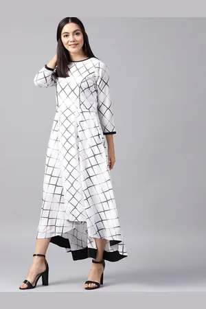 ATHENA Women White & Charcoal Grey Checked Maxi Dress