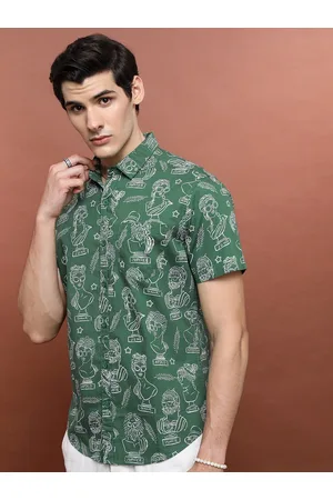 Highlander Green Slim Fit Conversational Printed Spread Collar Pocket Casual Shirt
