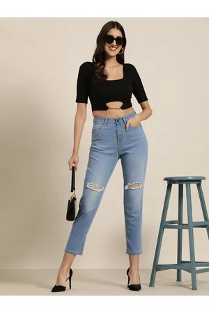 HERE&NOW Women Mid-Rise Relaxed Fit Ripped Cropped Stretchable Jeans