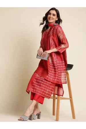 Sangria Floral Printed Sequinned Chanderi Cotton Straight Kurta With Trouser & Dupatta Set