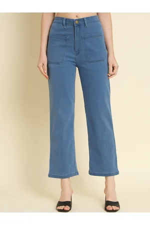 AngelFab Women Jean Straight Fit Dark Shade High-Rise Clean Look Cotton Cropped Jeans