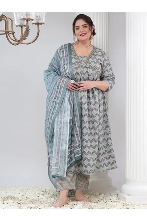 Bani Women Plus Size Printed Thread Work A-Line Pure Cotton Kurta with Trousers & Dupatta