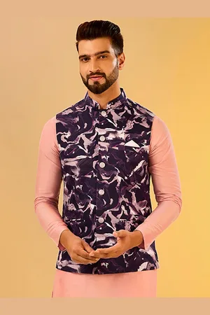 KISAH Woven Printed Nehru Jacket With Pocket Square
