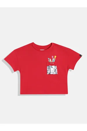Allen Solly Girls Cotton Flip Sequin Pocket Detail Drop-Shoulder Crop Boxy T-shirt