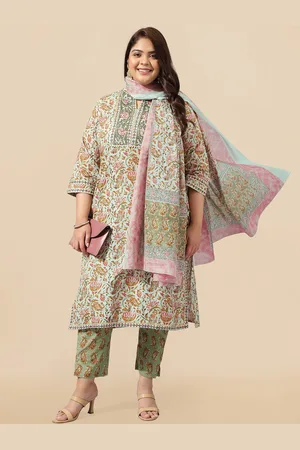 Mirchi Fashion Olive Green Plus Size Printed Pure Cotton Kurta & Trousers With Dupatta