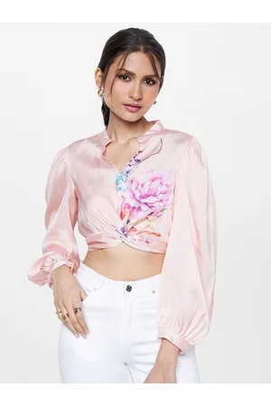 AND Floral Printed Marin Collar Cuffed Sleeves Twisted Detail Shirt Style Crop Top