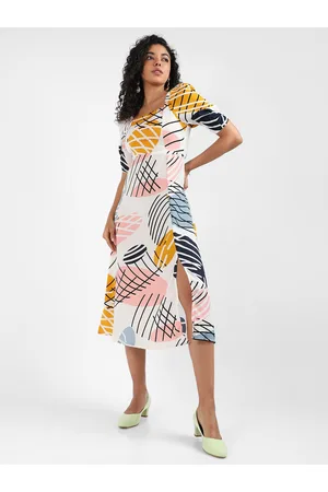 Campus Geometric Printed Puff Sleeves A-Line Dress