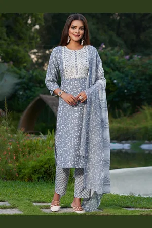 Indo Era Floral Printed Regular Thread Work Pure Cotton Kurta with Trousers & With Dupatta