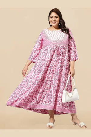 Mirchi Fashion White & Pink Plus Size Floral Printed Embellished Empire Ethnic Dress
