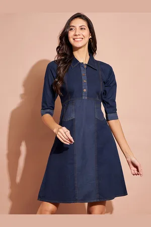 DressBerry Blue Shirt Collar Denim Cototn A-Line Dress
