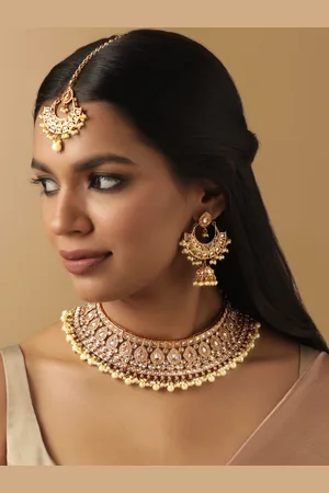 Rubans 22K Mehndi gold plated Reverse AD Studded Pearl beaded Choker Set