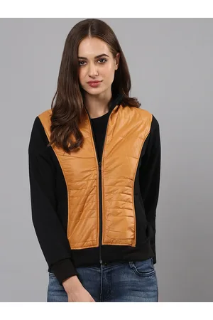 Campus Women Black Brown Colourblocked Windcheater Biker Jacket