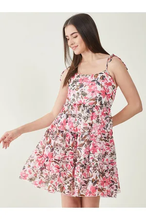 Bitterlime Floral Printed Shoulder Straps Tiered Georgette Fit & Flare Dress
