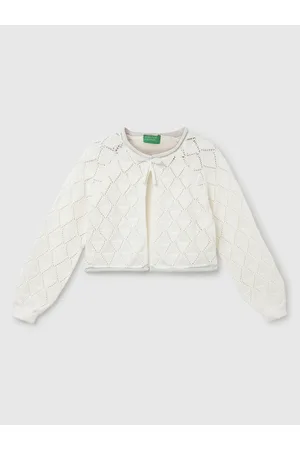 Benetton Girls Self Design Open Knit Cotton Front Open Sweaters