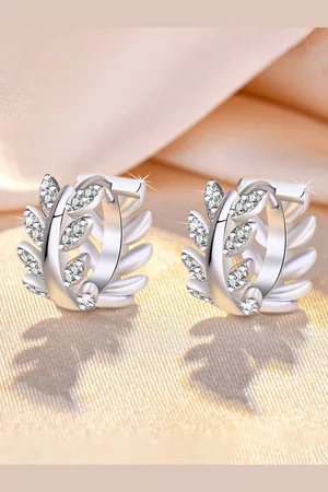 Jewels Galaxy Silver-Plated American Diamond-Studded Leaf Shape Hoop Earrings