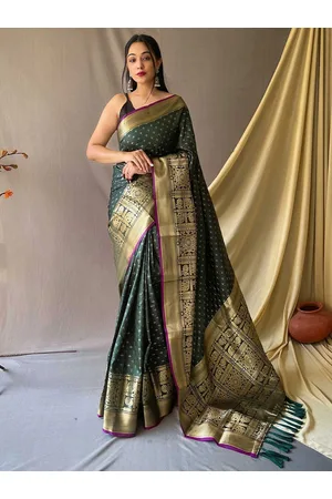 Mitera Green & Gold-Toned Geometric Woven Design Zari Kanjeevaram Saree