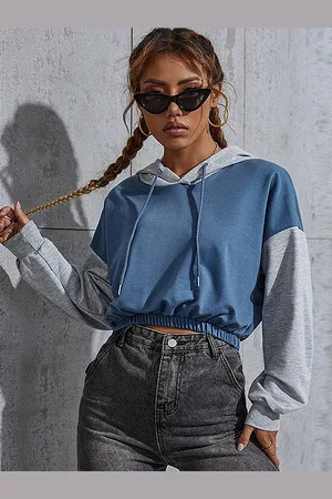 LULU & SKY Women Colourblocked Cropped Hooded Sweatshirt