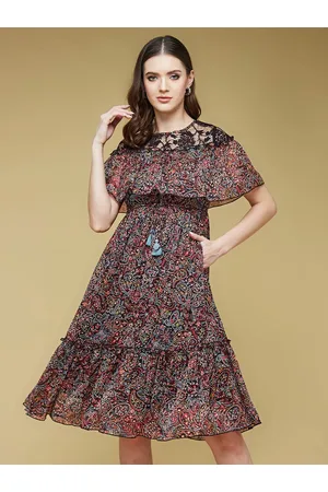 DressBerry Black Floral Printed A-Line Midi Dress