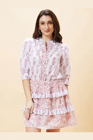 Globus Off White Floral Printed Mandarin Collar Ruffled Tiered Cotton A-Line Dress