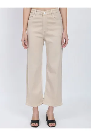 AngelFab Women Beige Jean Straight Fit High-Rise Stretchable Cotton Jeans