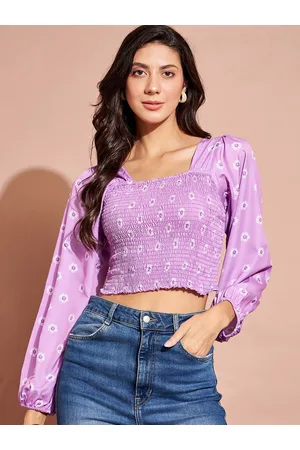 DressBerry Lavender & White Floral Printed Smocking Georgette Crop Top
