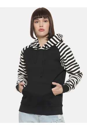 Campus Women Black & White Striped Hooded Sweatshirt