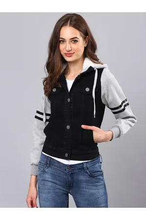 Campus Women Black Grey Colourblocked Windcheater Denim Jacket