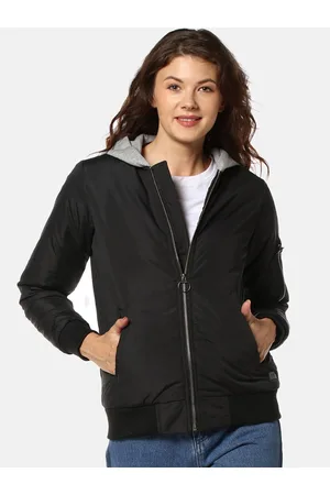 Campus Women Black & Grey Windcheater Bomber Jacket