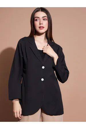 DressBerry Black Boyfriend-Fit Notched Lapel Single Breasted Cotton Blazer