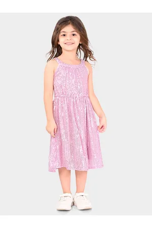 BONKIDS Girls Embellished Halter Neck Sequinned Detailed Cotton Fit & Flare Midi Dress