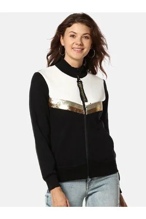 Campus Women Black & White Colourblocked Windcheater Crop Bomber Jacket