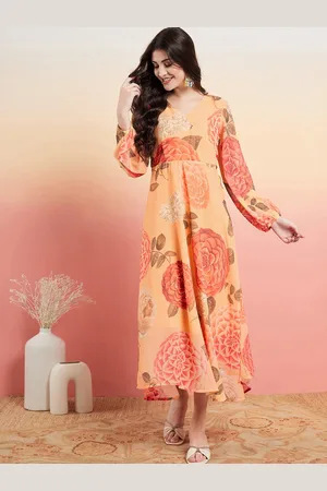 Sangria Floral Printed V-Neck Puff Sleeves Fit & Flared Ethnic Dresses