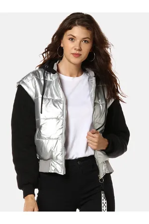 Campus Women Grey & Black Colourblocked Padded Jacket