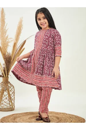 Stylo Bug Girls Ethnic Motifs Printed Pure Cotton A-Line Kurta with Trousers