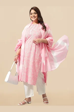 Mirchi Fashion Plus Size Printed Pure Cotton Thread Work Kurta With Trousers & Dupatta