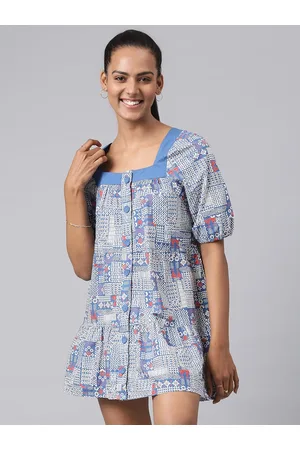 Fabindia Blue Floral A-Line Mini Dress