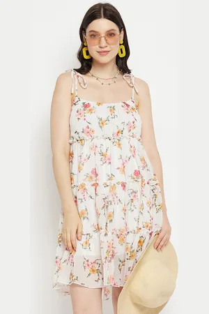 Bitterlime Floral Printed Shoulder Straps Gathered or Pleated Georgette Fit & Flare Dress