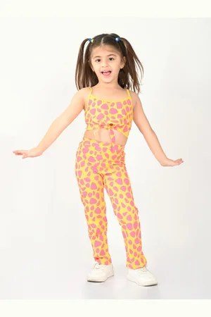 BONKIDS Girls Abstract Printed Pure Cotton Crop Top with Trousers