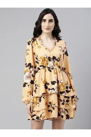 Campus Yellow & Brown Floral Printed Layered Dress