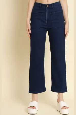 AngelFab Women Jean Straight Fit Dark Shade High-Rise Clean Look Cotton Cropped Jeans