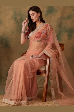 Sangria Women Sequins Embroidered Border Saree with Floral Printed Blouse Piece