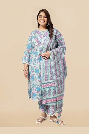 Mirchi Fashion Sea Green Plus Size Printed Pure Cotton Kurta & Trousers With Dupatta
